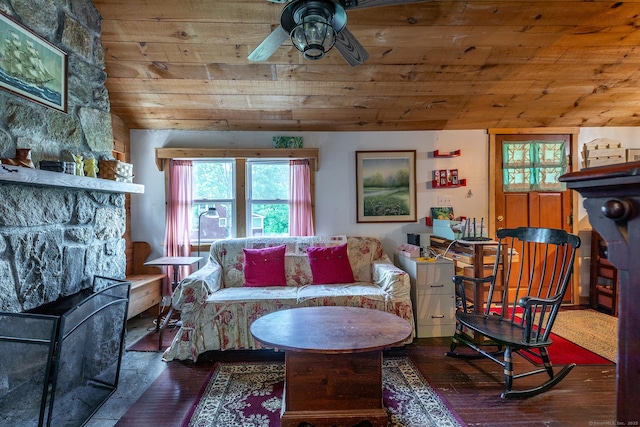 11 Summer Hill Rd, New Fairfield, CT 06812 - living area featuring wooden ceiling, a ceiling fan, and hardwood / wood-style flooring