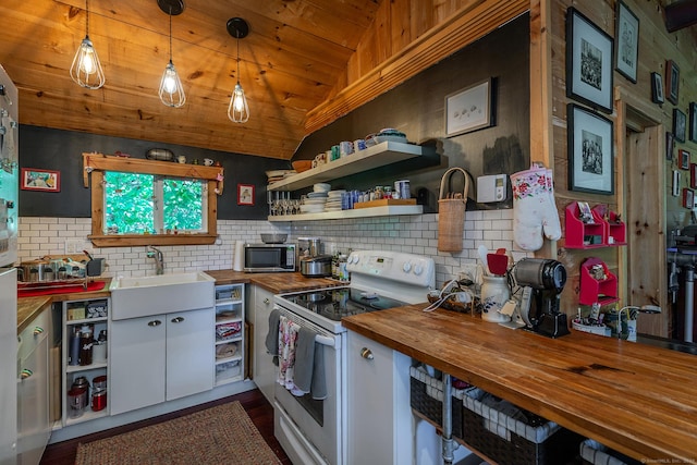 11 Summer Hill Rd, New Fairfield, CT 06812 - kitchen featuring white electric stove, butcher block counters, a sink, open shelves, and decorative backsplash