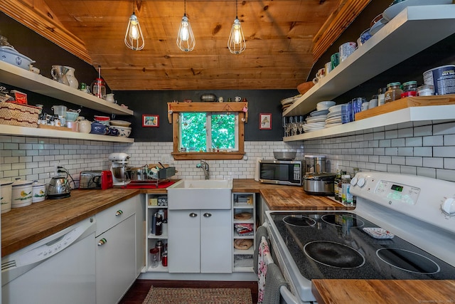 11 Summer Hill Rd, New Fairfield, CT 06812 - kitchen featuring wood counters, white appliances, open shelves, wooden ceiling, and decorative backsplash