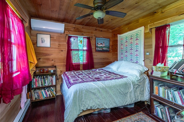 11 Summer Hill Rd, New Fairfield, CT 06812 - bedroom featuring a wall mounted air conditioner, wooden walls, hardwood / wood-style floors, wooden ceiling, and baseboard heating