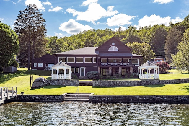11 Summer Hill Rd, New Fairfield, CT 06812 - rear view of house with a gazebo, a water view, and a yard