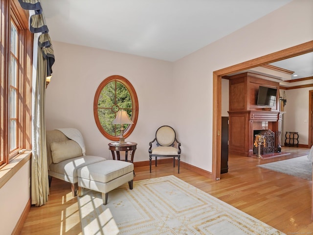 17 Fire Hill Ln, Redding, CT 06896 - living area featuring light wood-type flooring, baseboards, and a warm lit fireplace