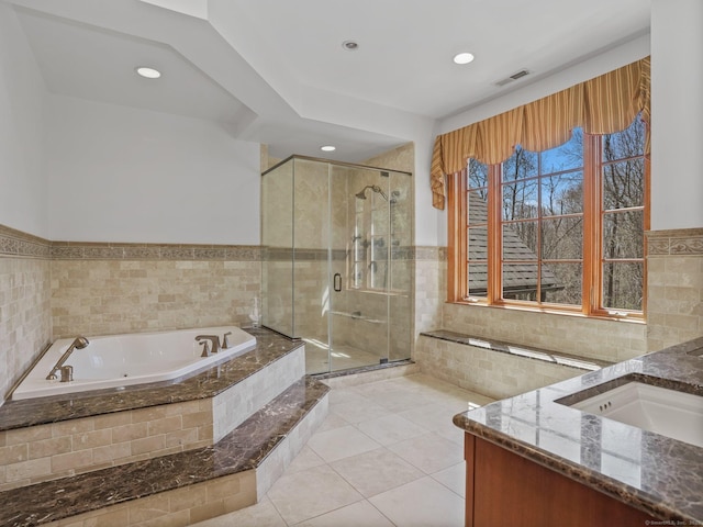 17 Fire Hill Ln, Redding, CT 06896 - full bathroom featuring tile walls, vanity, a stall shower, tile patterned flooring, and recessed lighting