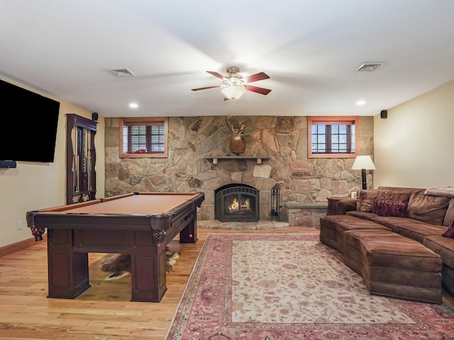 17 Fire Hill Ln, Redding, CT 06896 - playroom featuring a ceiling fan, light wood-type flooring, billiards, a stone fireplace, and baseboards
