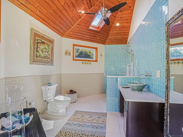 17 Fire Hill Ln, Redding, CT 06896 - bathroom with wood ceiling, tile walls, tile patterned flooring, a walk in shower, and toilet