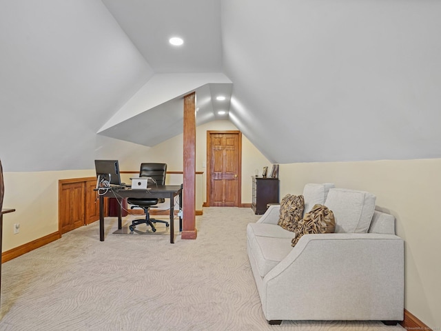 17 Fire Hill Ln, Redding, CT 06896 - office featuring lofted ceiling, light carpet, baseboards, and recessed lighting