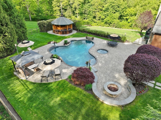17 Fire Hill Ln, Redding, CT 06896 - view of pool with a gazebo, a fire pit, a patio, a forest view, and outdoor dining area