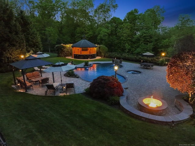 17 Fire Hill Ln, Redding, CT 06896 - outdoor pool with a gazebo, a fire pit, a lawn, and a patio area