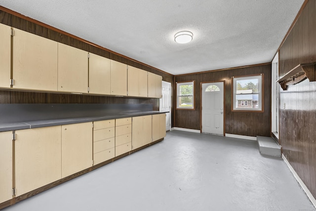 33 Jolley Rd, Plainfield, CT 06239 - kitchen with concrete floors, wood walls, a textured ceiling, dark countertops, and baseboards
