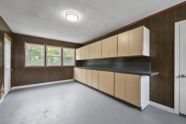 33 Jolley Rd, Plainfield, CT 06239 - kitchen featuring finished concrete floors, wood walls, dark countertops, a textured ceiling, and baseboards