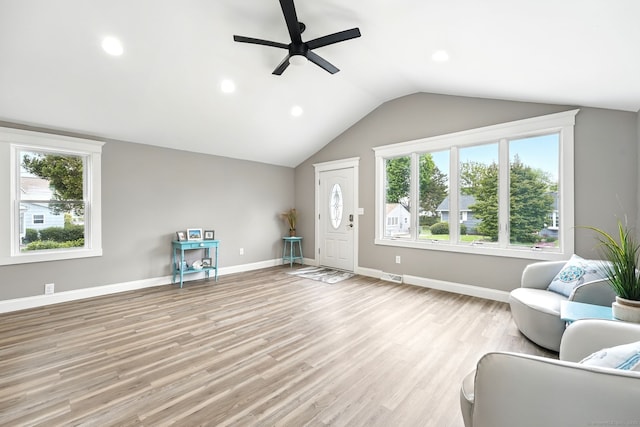 27 Prospect Ave, East Lyme, CT 06357 - living room with a ceiling fan, plenty of natural light, light wood-style flooring, vaulted ceiling, and recessed lighting