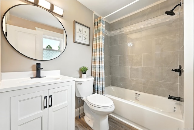27 Prospect Ave, East Lyme, CT 06357 - bathroom with wood finished floors, shower / tub combo with curtain, toilet, and vanity