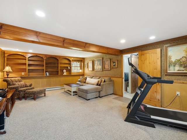 workout area with baseboard heating, recessed lighting, and carpet