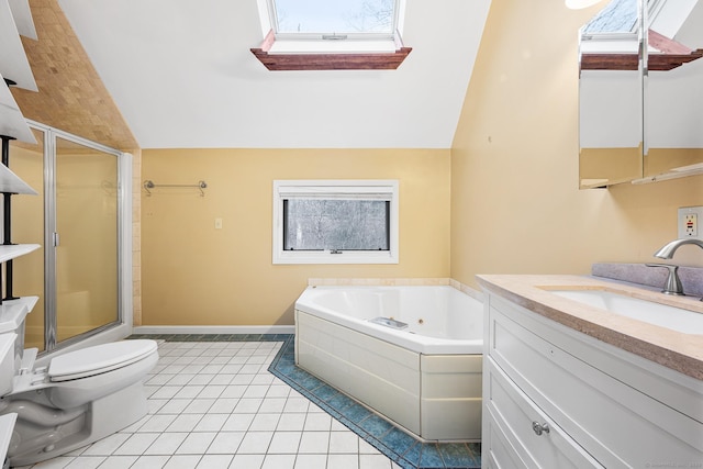 full bathroom with a wealth of natural light, vaulted ceiling, a jetted tub, and a stall shower