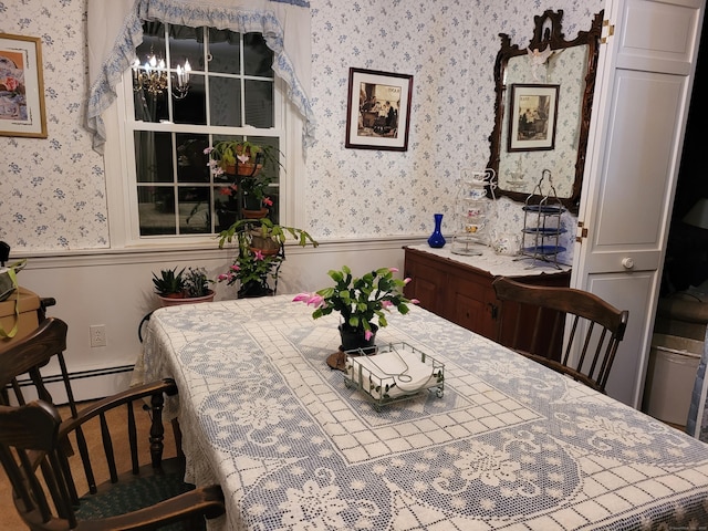 38 Somerset Dr, Manchester, CT 06040 - dining area with wallpapered walls, a wainscoted wall, a chandelier, and a baseboard heating unit