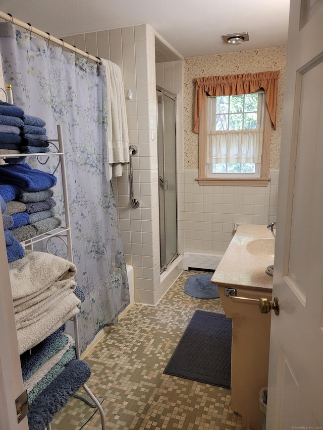 38 Somerset Dr, Manchester, CT 06040 - bathroom featuring curtained shower, wallpapered walls, tile walls, vanity, and baseboard heating