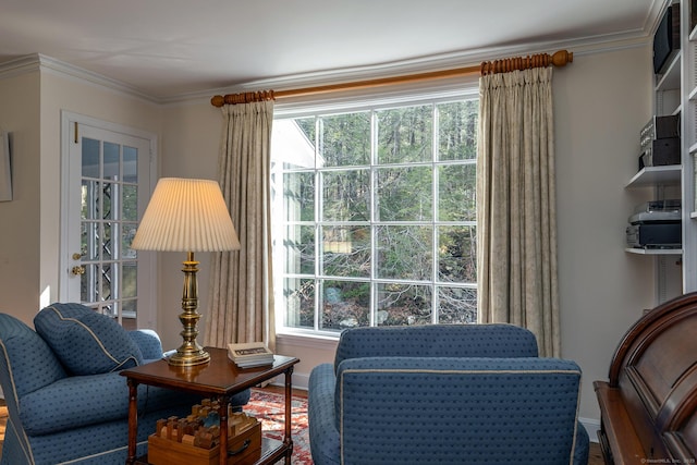 living area featuring baseboards, a wealth of natural light, and ornamental molding