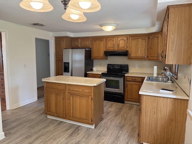 278 Dudley Town Rd, Windsor, CT 06095 - kitchen with stainless steel refrigerator with ice dispenser, electric range, a sink, light wood-type flooring, and a textured ceiling