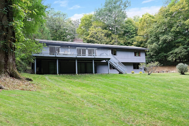 45 Wayside Ln, Redding, CT 06896 - back of property featuring stairs, a deck, a chimney, and a yard