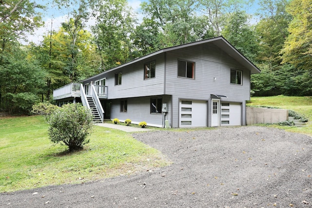 45 Wayside Ln, Redding, CT 06896 - view of front of house featuring stairway, a wooden deck, gravel driveway, a front lawn, and a garage