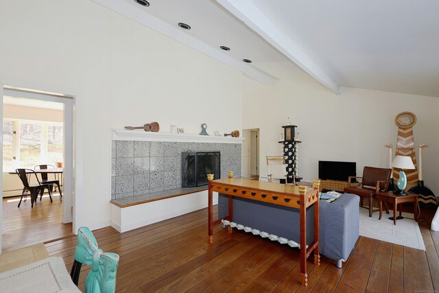 45 Wayside Ln, Redding, CT 06896 - living room with a tile fireplace, dark wood-style flooring, and beam ceiling