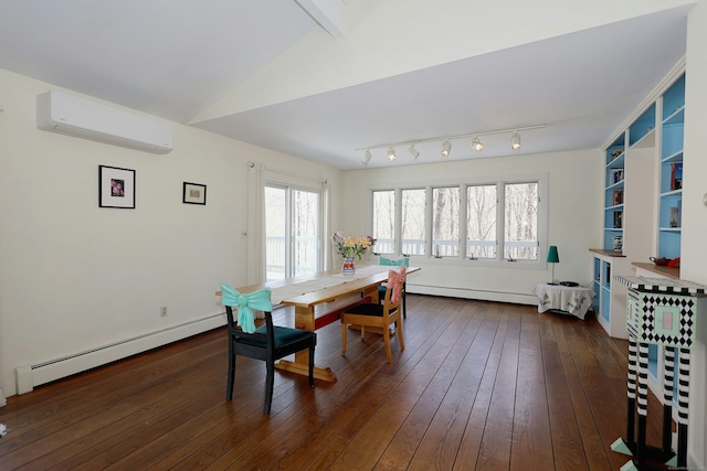 45 Wayside Ln, Redding, CT 06896 - dining area featuring a baseboard heating unit, a wall mounted AC, and dark wood-style floors