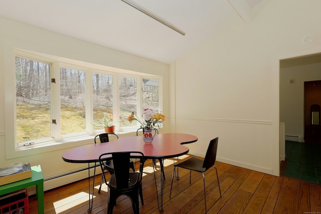 45 Wayside Ln, Redding, CT 06896 - dining room with baseboard heating, hardwood / wood-style floors, healthy amount of natural light, and vaulted ceiling