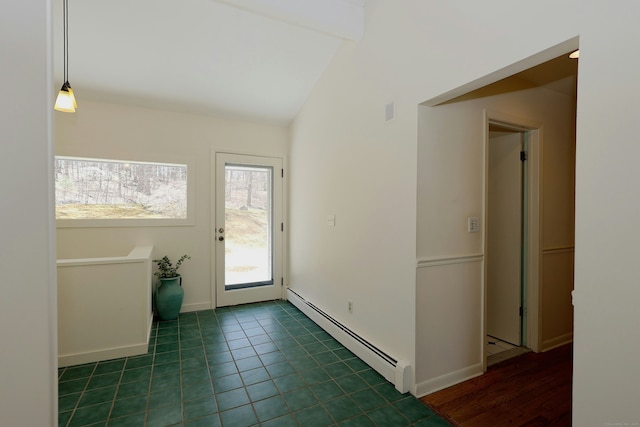 45 Wayside Ln, Redding, CT 06896 - doorway to outside featuring a baseboard heating unit, vaulted ceiling, baseboards, and tile patterned floors