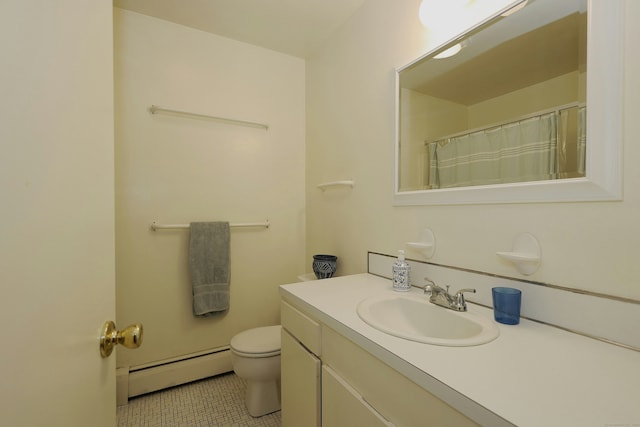 45 Wayside Ln, Redding, CT 06896 - bathroom featuring a baseboard radiator, tile patterned flooring, vanity, toilet, and a shower with curtain