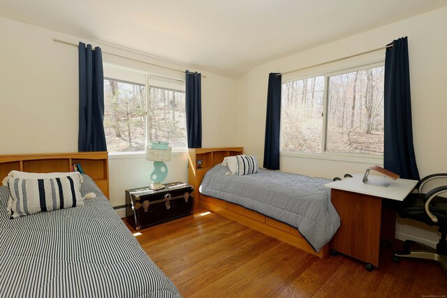 45 Wayside Ln, Redding, CT 06896 - bedroom featuring wood finished floors, multiple windows, vaulted ceiling, and a baseboard heating unit