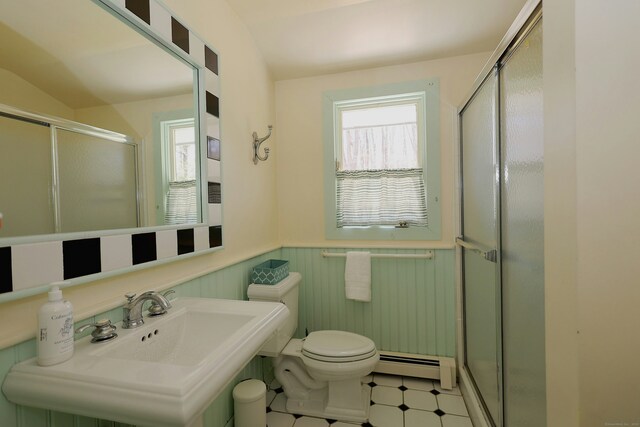 45 Wayside Ln, Redding, CT 06896 - full bathroom with a baseboard radiator, a wainscoted wall, a shower stall, toilet, and a sink