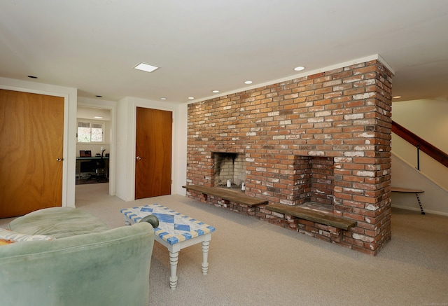 45 Wayside Ln, Redding, CT 06896 - carpeted living area featuring stairway, recessed lighting, and a fireplace