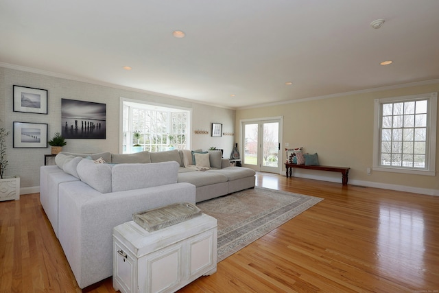 37 Giles Hill Rd, Redding, CT 06896 - living area featuring baseboards, light wood finished floors, and crown molding