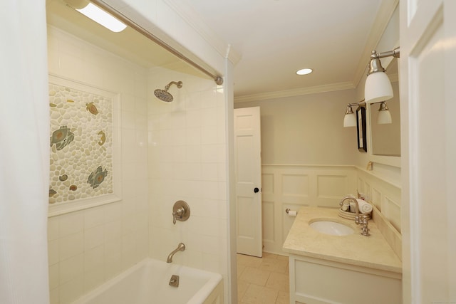 37 Giles Hill Rd, Redding, CT 06896 - bathroom featuring crown molding, wainscoting, a decorative wall, vanity, and bathtub / shower combination