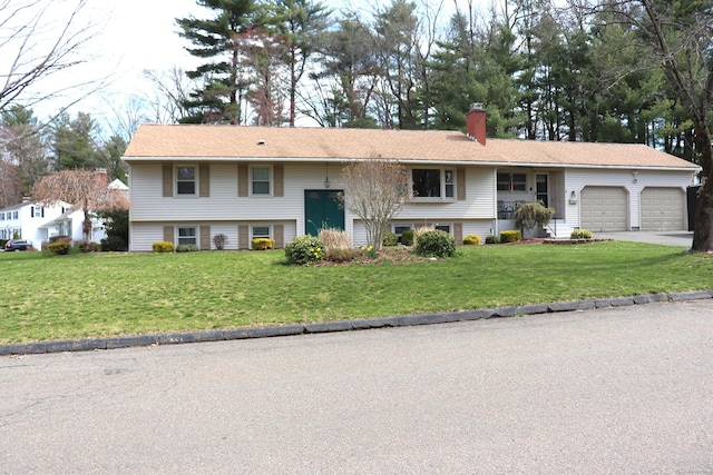 1 Sunrise Cir, Enfield, CT 06082 - raised ranch with driveway, a front lawn, a garage, and a chimney