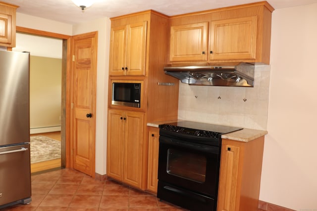 1 Sunrise Cir, Enfield, CT 06082 - kitchen with freestanding refrigerator, black range with electric stovetop, a baseboard heating unit, built in microwave, and extractor fan