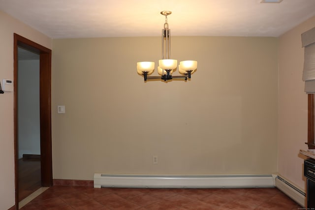 1 Sunrise Cir, Enfield, CT 06082 - unfurnished dining area featuring baseboard heating, a baseboard radiator, a notable chandelier, and tile patterned flooring