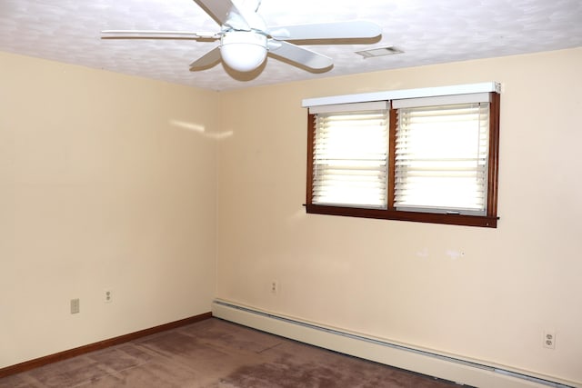 1 Sunrise Cir, Enfield, CT 06082 - unfurnished room with ceiling fan, a textured ceiling, visible vents, a baseboard heating unit, and baseboards