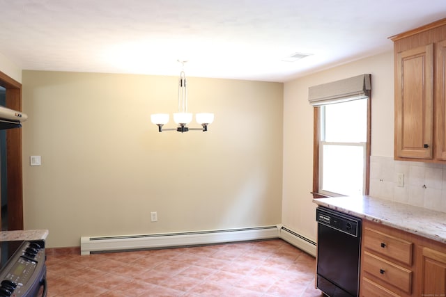 1 Sunrise Cir, Enfield, CT 06082 - kitchen with black appliances, light brown cabinets, a baseboard radiator, a chandelier, and light stone countertops
