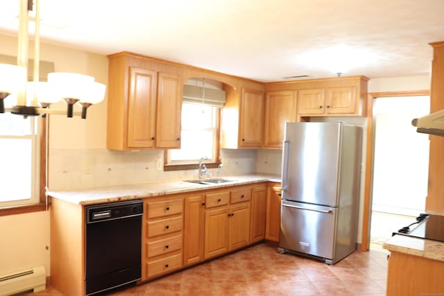 1 Sunrise Cir, Enfield, CT 06082 - kitchen featuring freestanding refrigerator, black dishwasher, a baseboard heating unit, and light brown cabinets