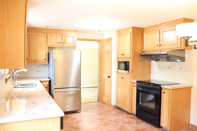 1 Sunrise Cir, Enfield, CT 06082 - kitchen featuring black appliances, range hood, decorative backsplash, and light brown cabinets