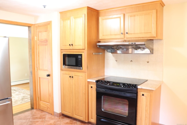 1 Sunrise Cir, Enfield, CT 06082 - kitchen featuring black electric range, built in microwave, ventilation hood, light brown cabinetry, and freestanding refrigerator