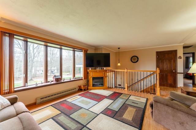 17 Old Hampton Rd, Canterbury, CT 06331 - living area featuring a baseboard heating unit, wood finished floors, healthy amount of natural light, and crown molding