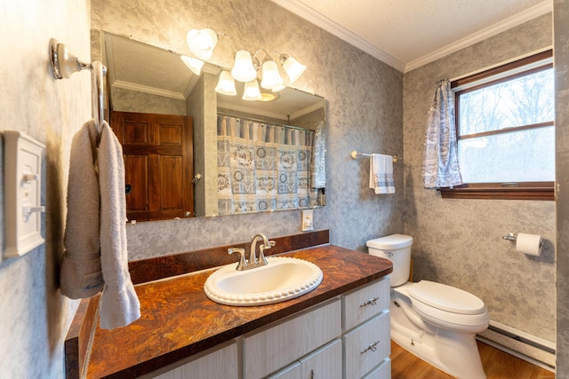 17 Old Hampton Rd, Canterbury, CT 06331 - full bath with a baseboard heating unit, wood finished floors, ornamental molding, toilet, and vanity