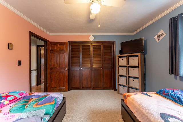 17 Old Hampton Rd, Canterbury, CT 06331 - bedroom featuring ornamental molding, a closet, light carpet, and a ceiling fan