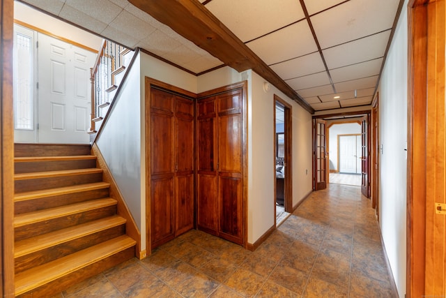 17 Old Hampton Rd, Canterbury, CT 06331 - corridor with stairs, baseboards, and a paneled ceiling