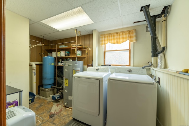 17 Old Hampton Rd, Canterbury, CT 06331 - laundry room featuring water heater, independent washer and dryer, and wooden walls