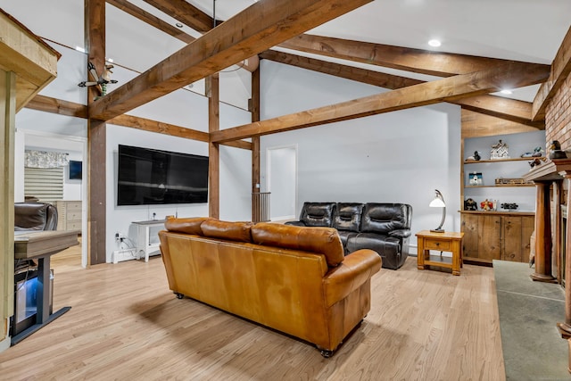 15 Briarwood Dr, Guilford, CT 06437 - living area featuring beam ceiling, light wood finished floors, recessed lighting, and high vaulted ceiling