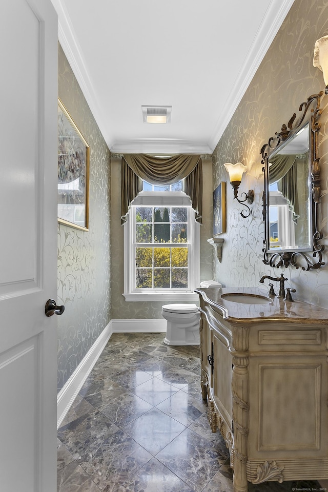 22 Nature Ln, Shelton, CT 06484 - bathroom with wallpapered walls, crown molding, toilet, vanity, and baseboards