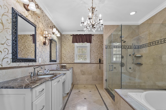 22 Nature Ln, Shelton, CT 06484 - bathroom with ornamental molding, a stall shower, tile walls, double vanity, and a chandelier